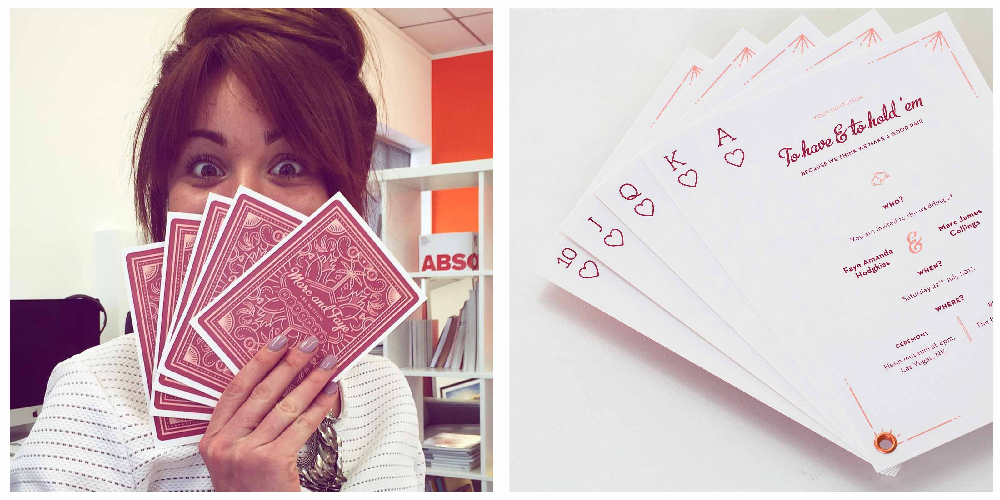 Bespoke printed invitations and playing card wedding invite front detail
