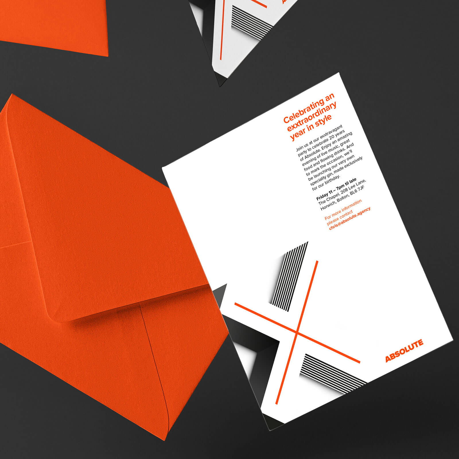 Party invitations were designed to send to clients, suppliers and friends of Absolute