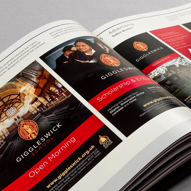 Further examples of brand assets were included in the brand guidelines, including a variety of print pieces