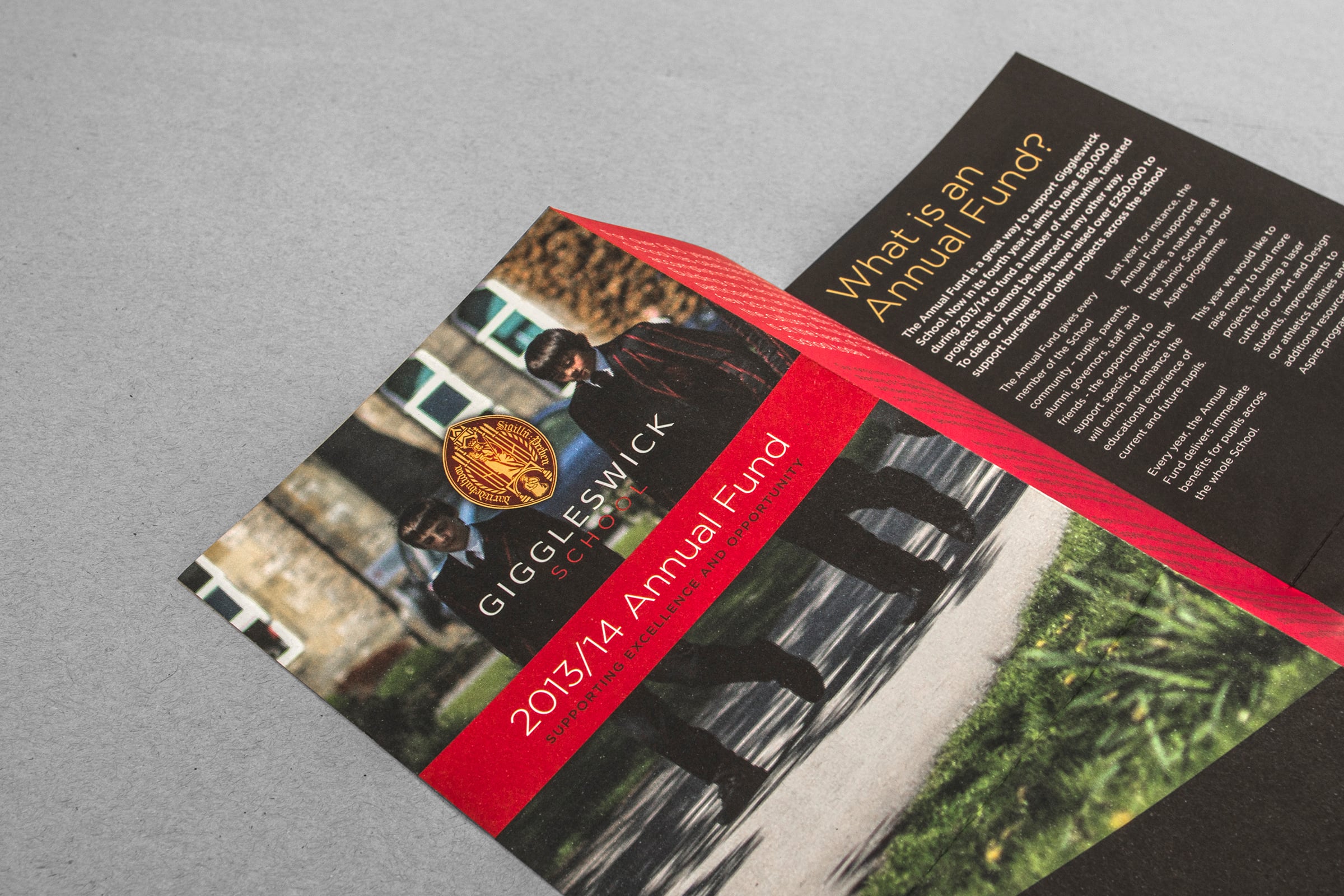 A leaflet for Giggleswick's Annual Fund was designed and printed, all in-line with the new branding