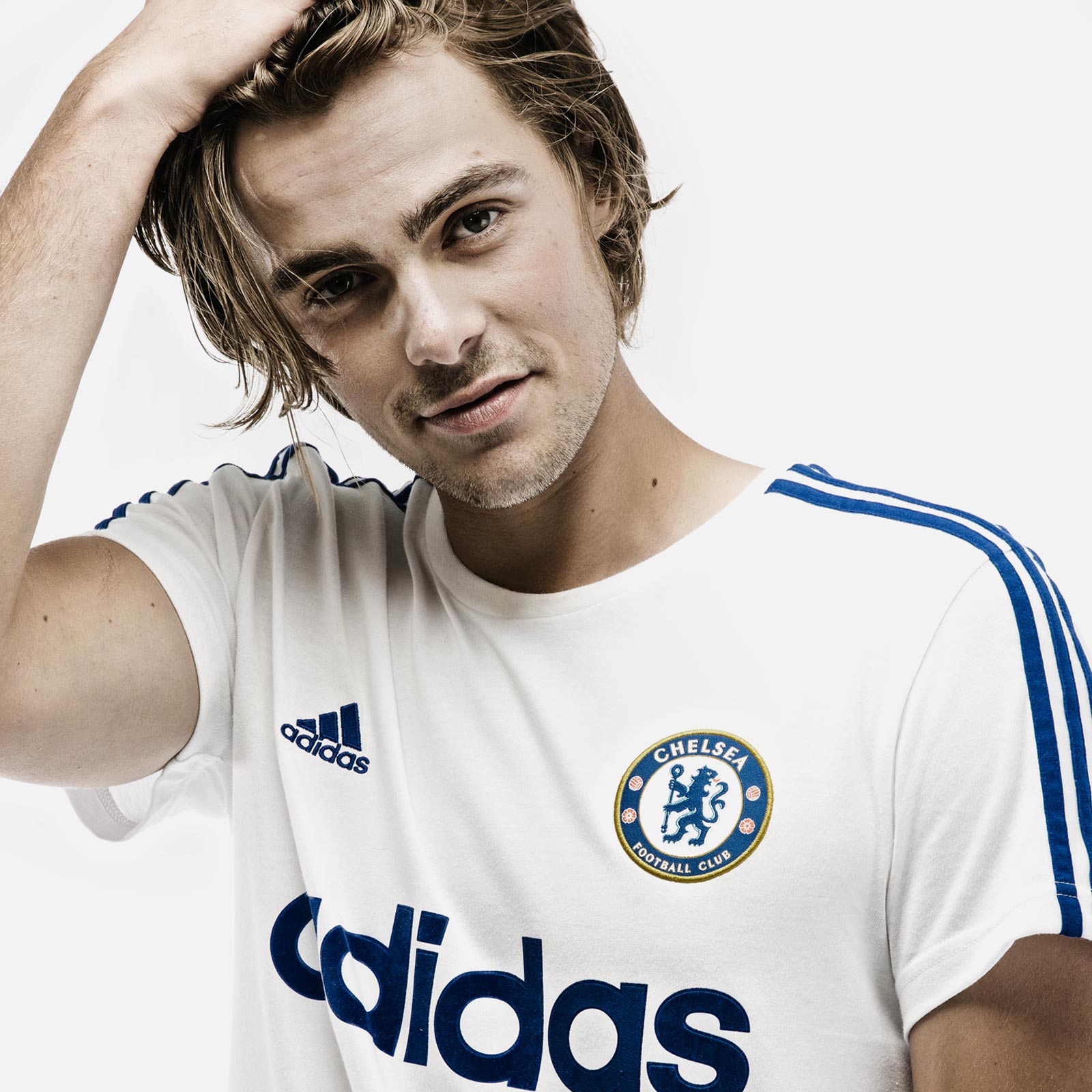 Lewis models an alternative Adidas Chelsea FC t-shirt