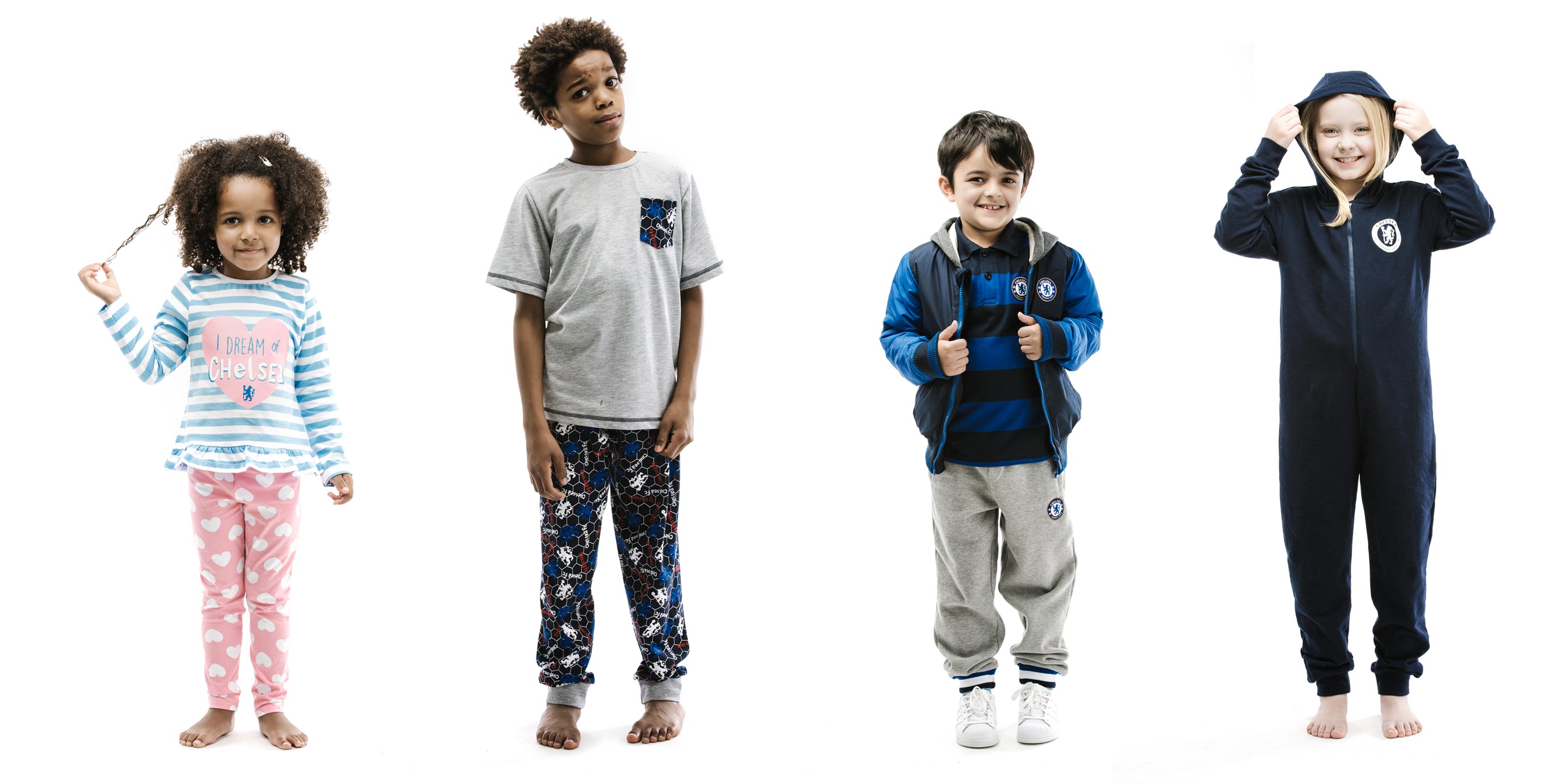Kids modelling clothes from the Chelsea FC lifestyle range