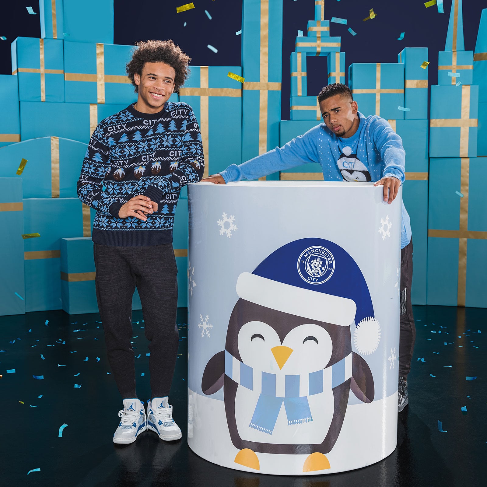 Leroy Sane and Gabriel Jesus with Big City Christmas mug