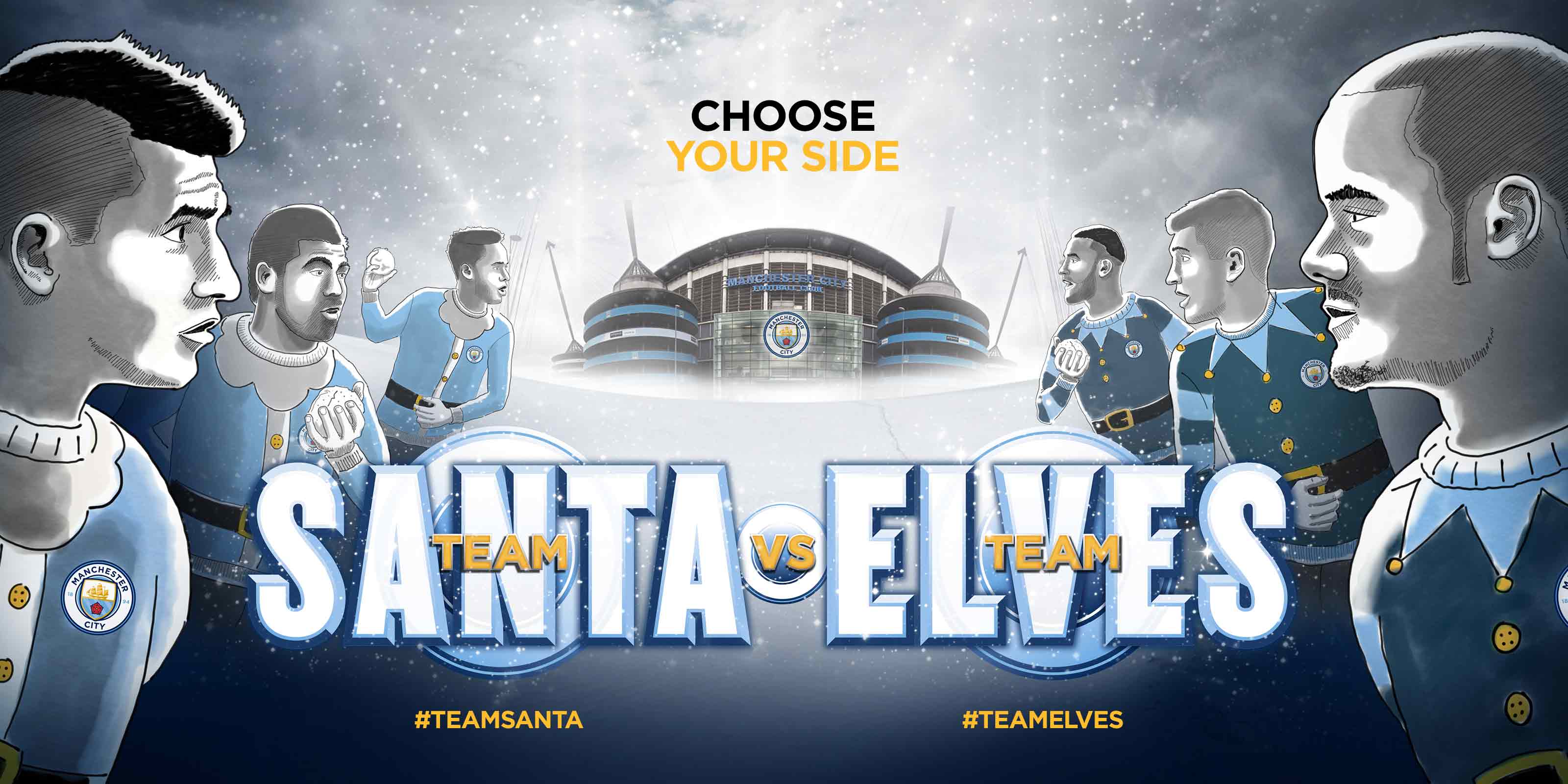 An initial sketch of the concept for Manchester City. Three players are stood in Team Santa jumpers, opposite three players stood in Team Elf jumpers in front of a snowy Manchester City Stadi