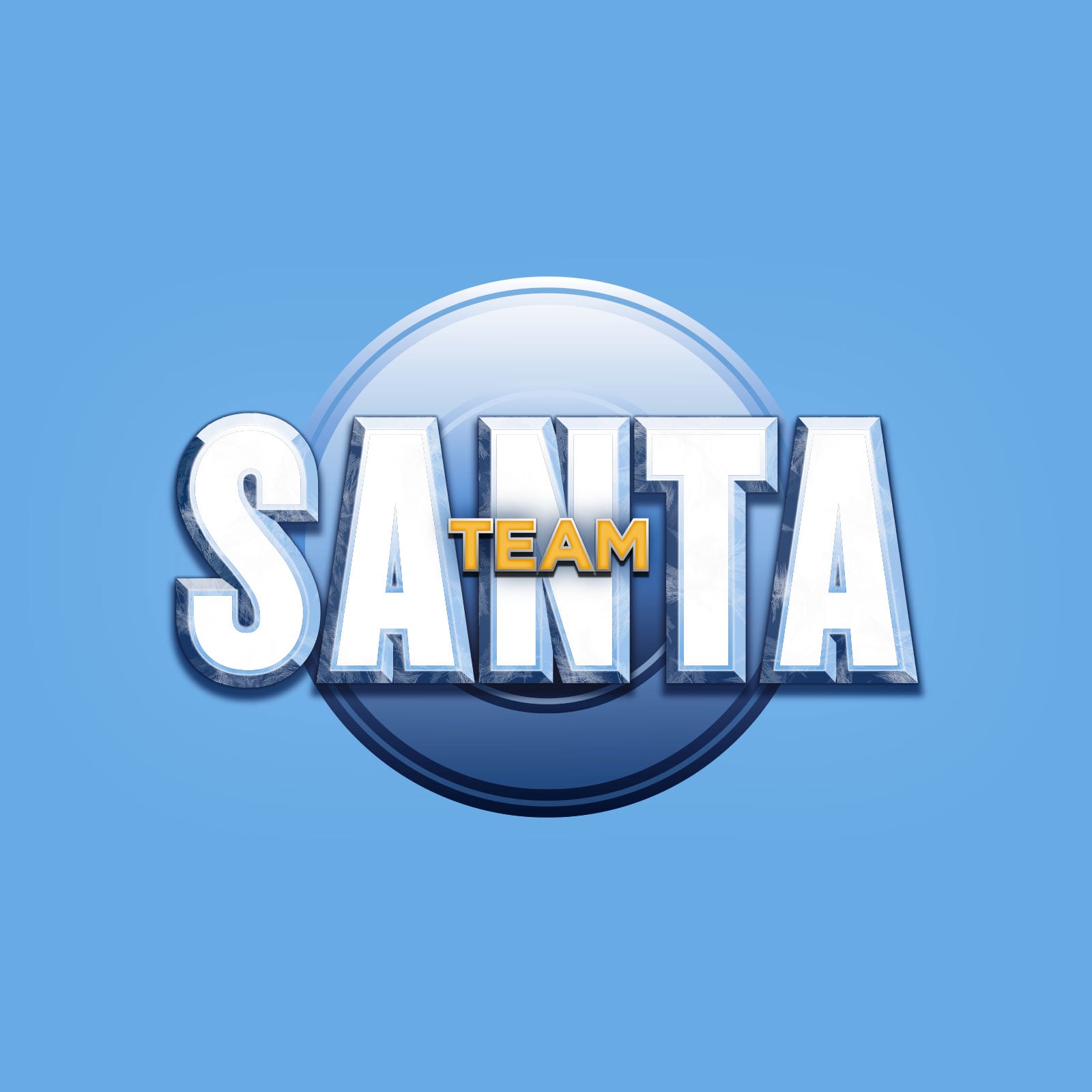 A light blue background in front a shield with the words Team Santa written in a frosted chunky typeface