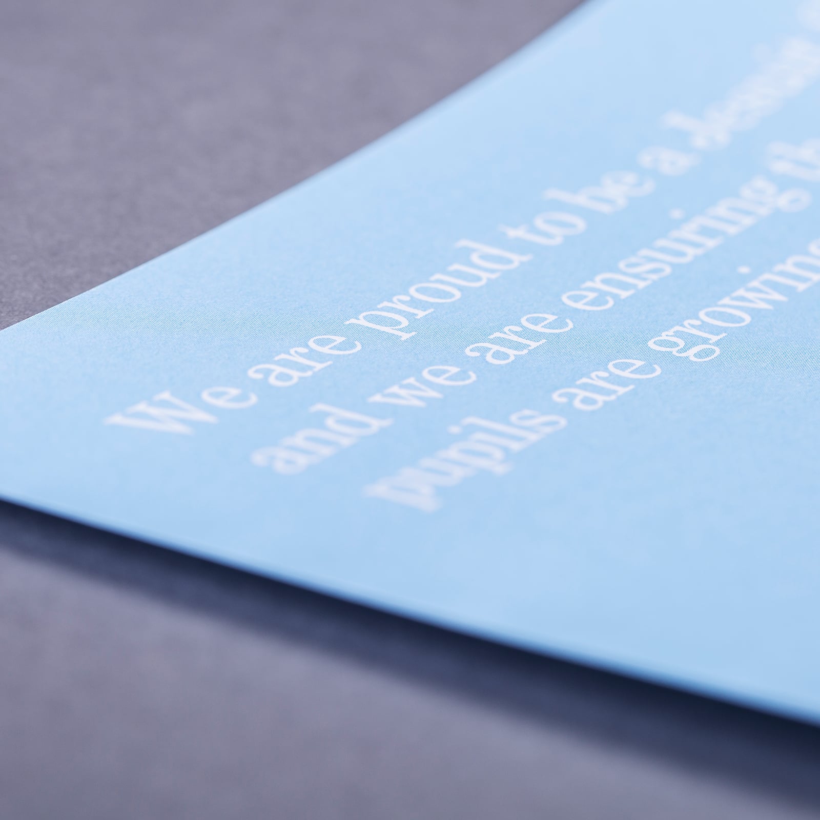 A close up of the brochure showing typography and paper stock