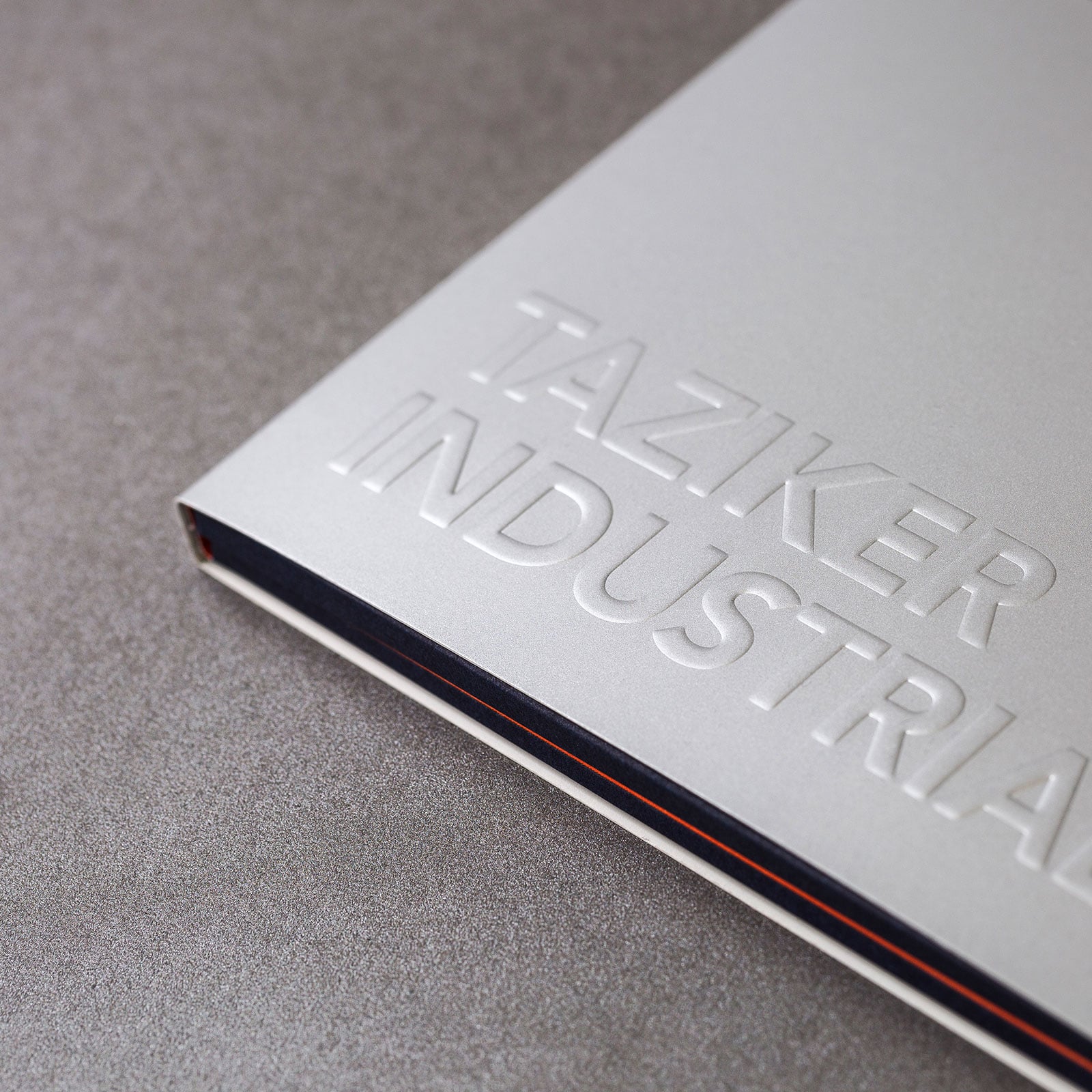 Detail of the Taziker Industrial brand marque on the brochure cover