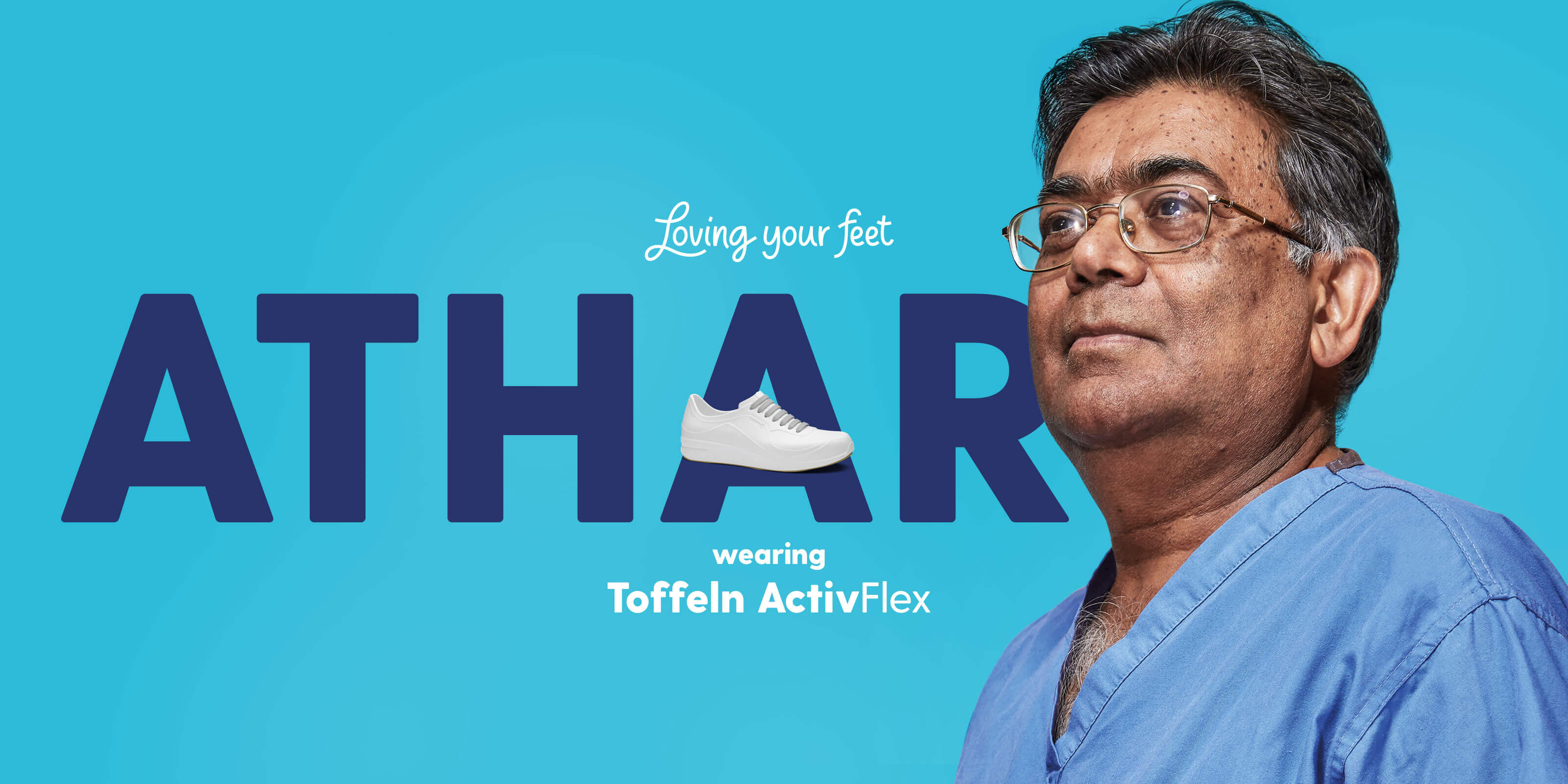Loving your feet brand campaign - Athar wearing Toffeln ActivFlex